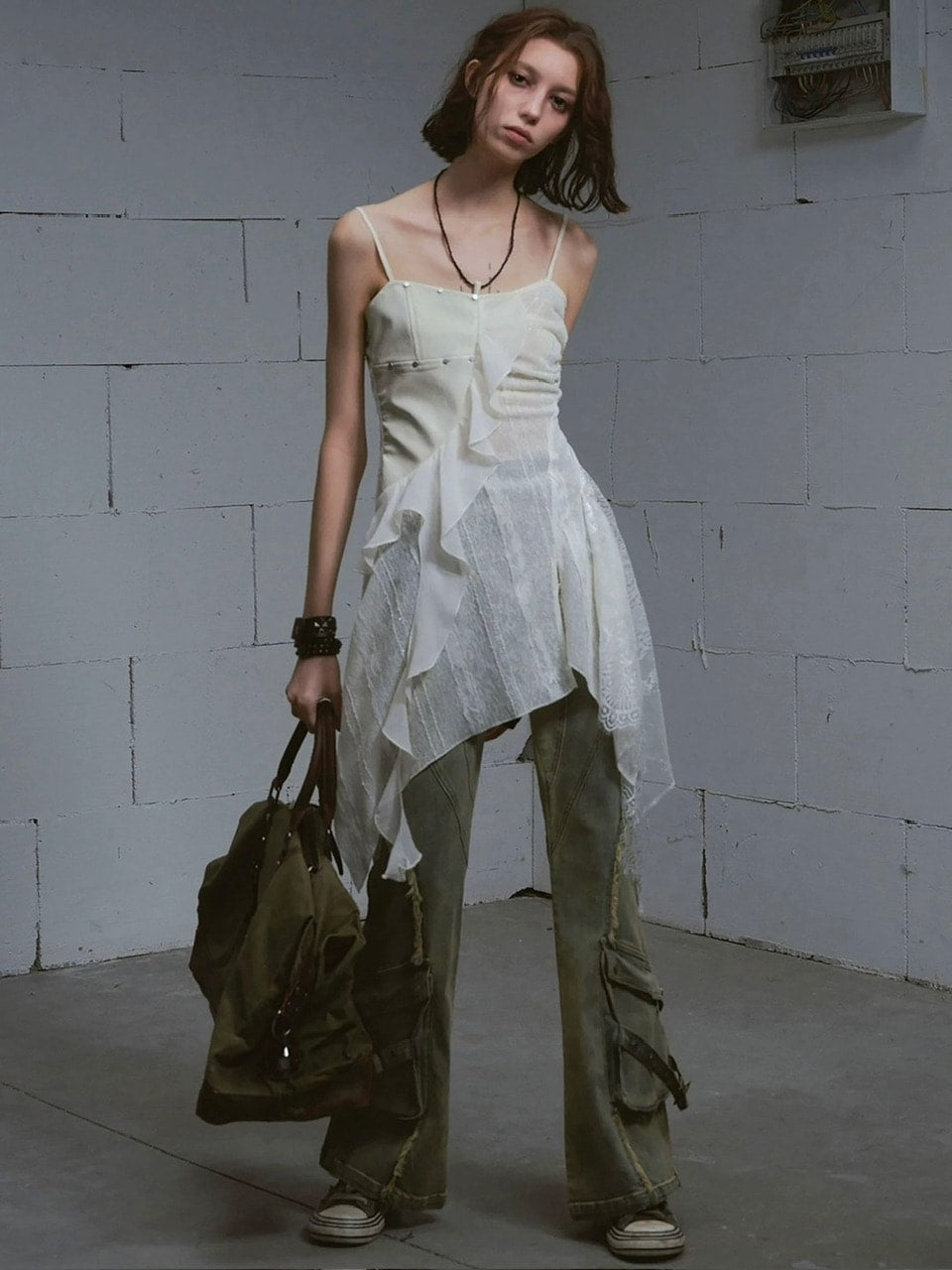 【Cest Nous】Leather lace camisole dress / 【セヌー】レザーレースシアーキャミワンピース