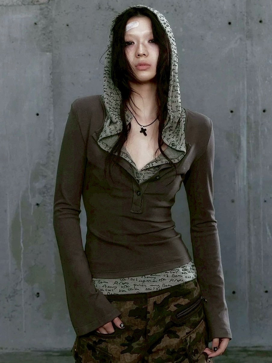 【Cest Nous】Two-in-One Hoodie / 【セヌー】レイヤードフード付き長袖トップス