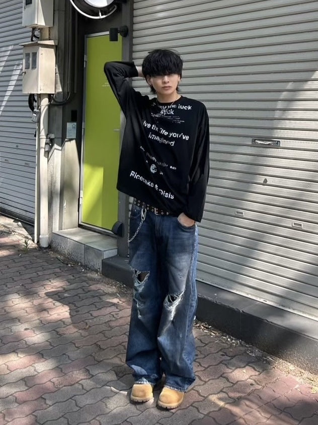 【Chikashitsu +】croque lettering long sleeve / 【チカシツプラス】モックネックレタリング長袖Tシャツ(2color)