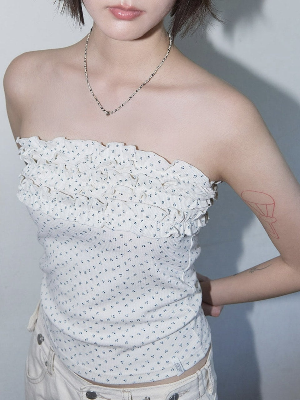 【FANCY CLUB】FLOWER FRILL TUBE TOP / 【ファンシークラブ】フラワーフリルチューブトップ