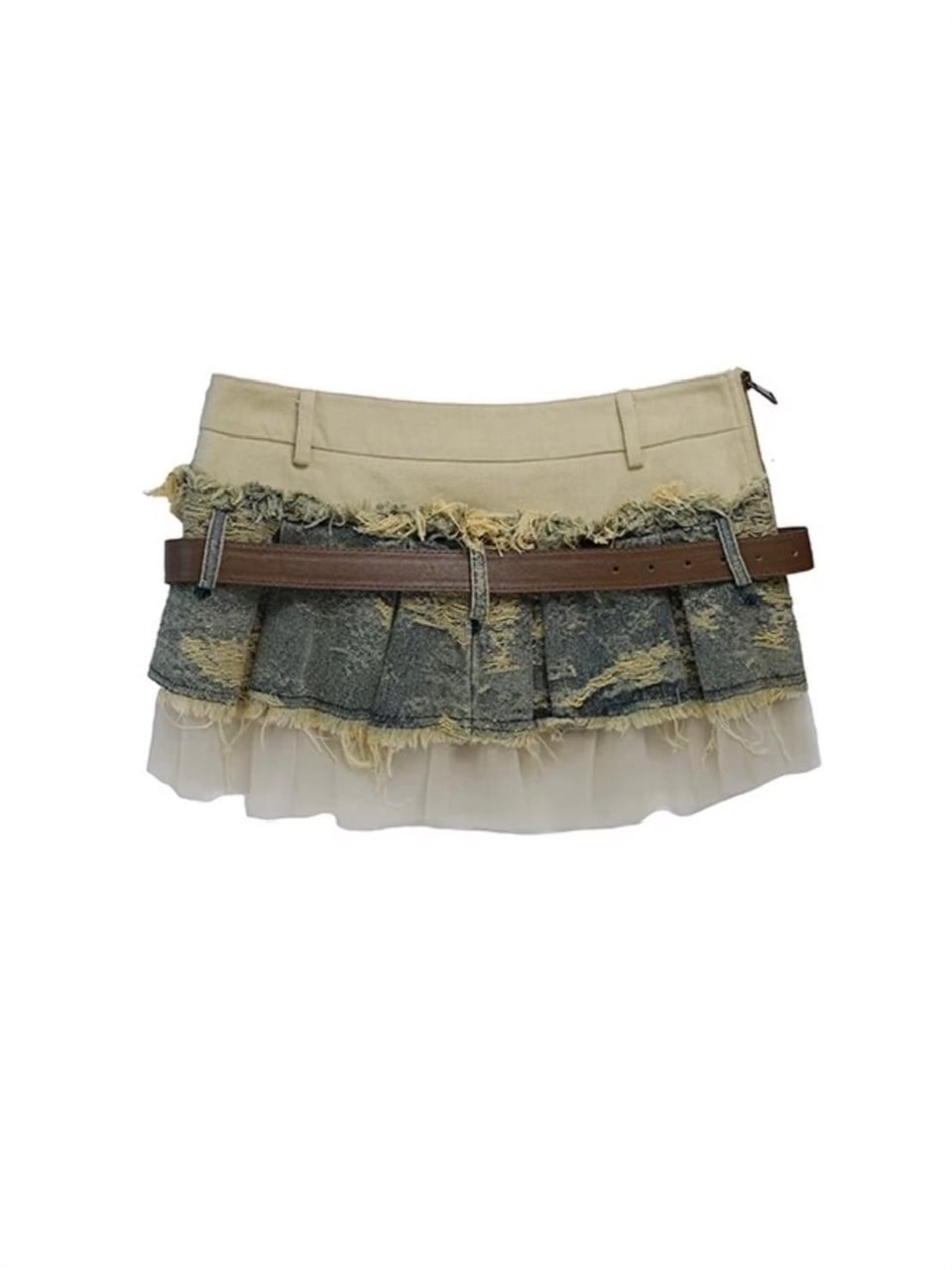 【Cest Nous】Belted Denim Pleated Skirt
