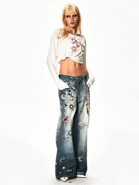 【DND4DES】Y2K CARTOON PENDANTS PRINT PANTS