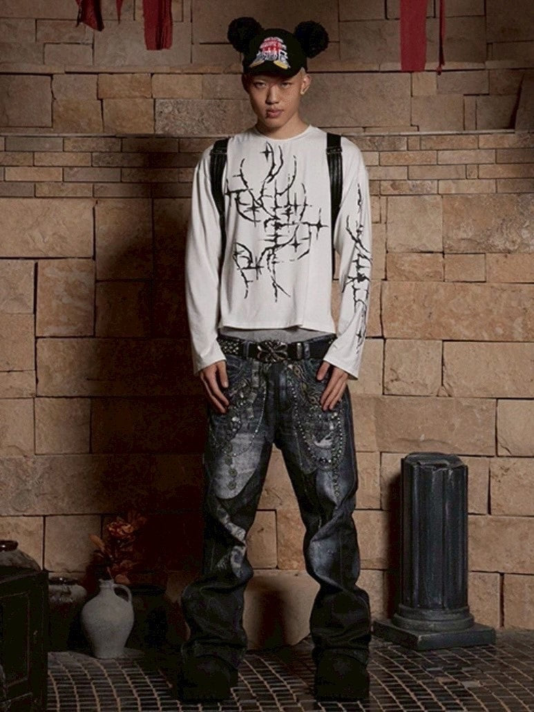 【DND4DES】CHAIN LACE PATCHWORK FLARED JEANS