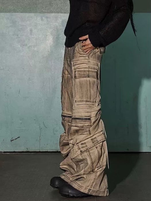 【DND4DES】DISTRESSED DRAWSTRING ADJUSTABLE ZIPPER CARGO PANTS