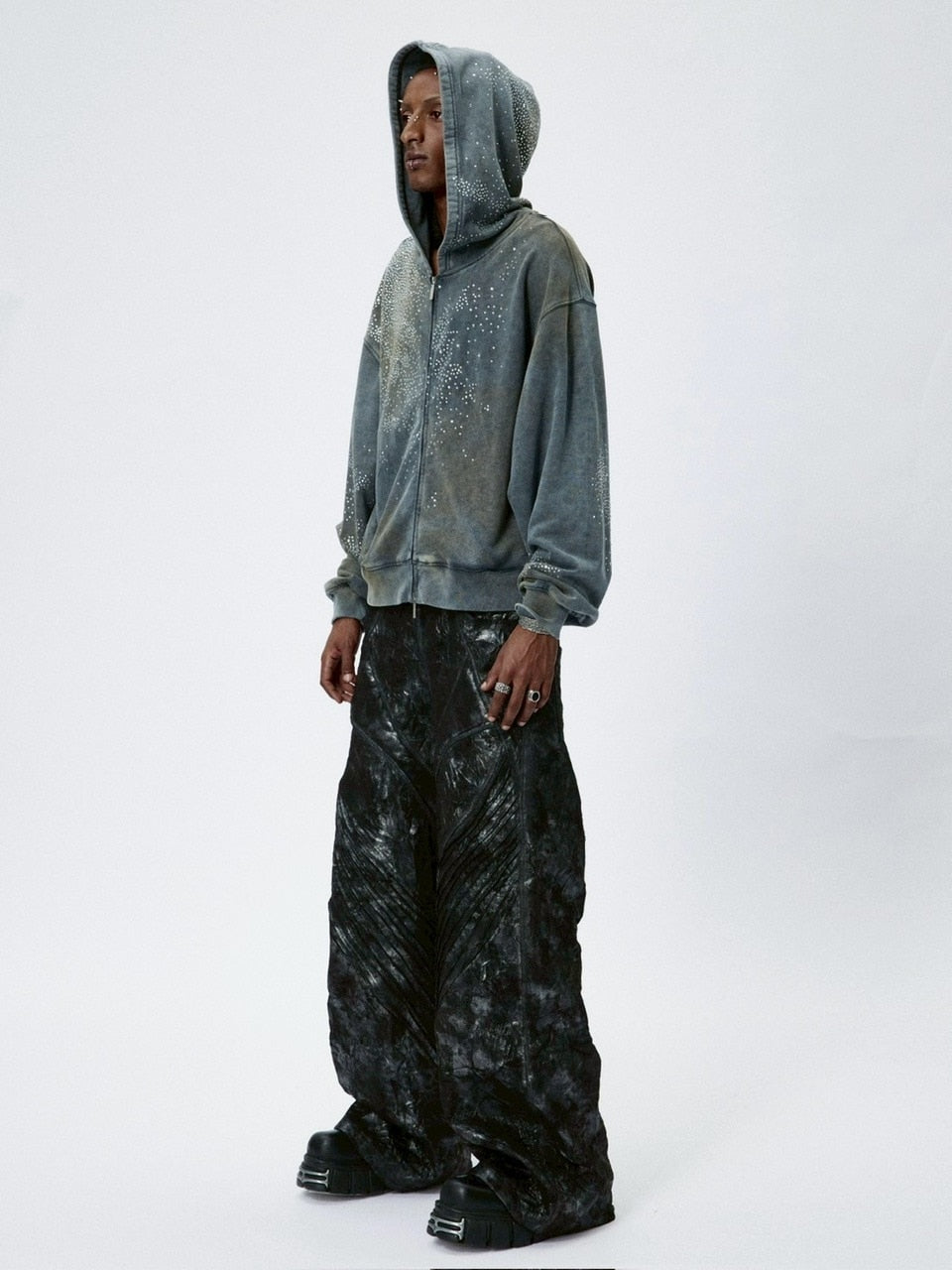 DND4DES ラメ ジップアップパーカー ダークグレー DND4DES Diamond Distressed Zip-Up Hoodie