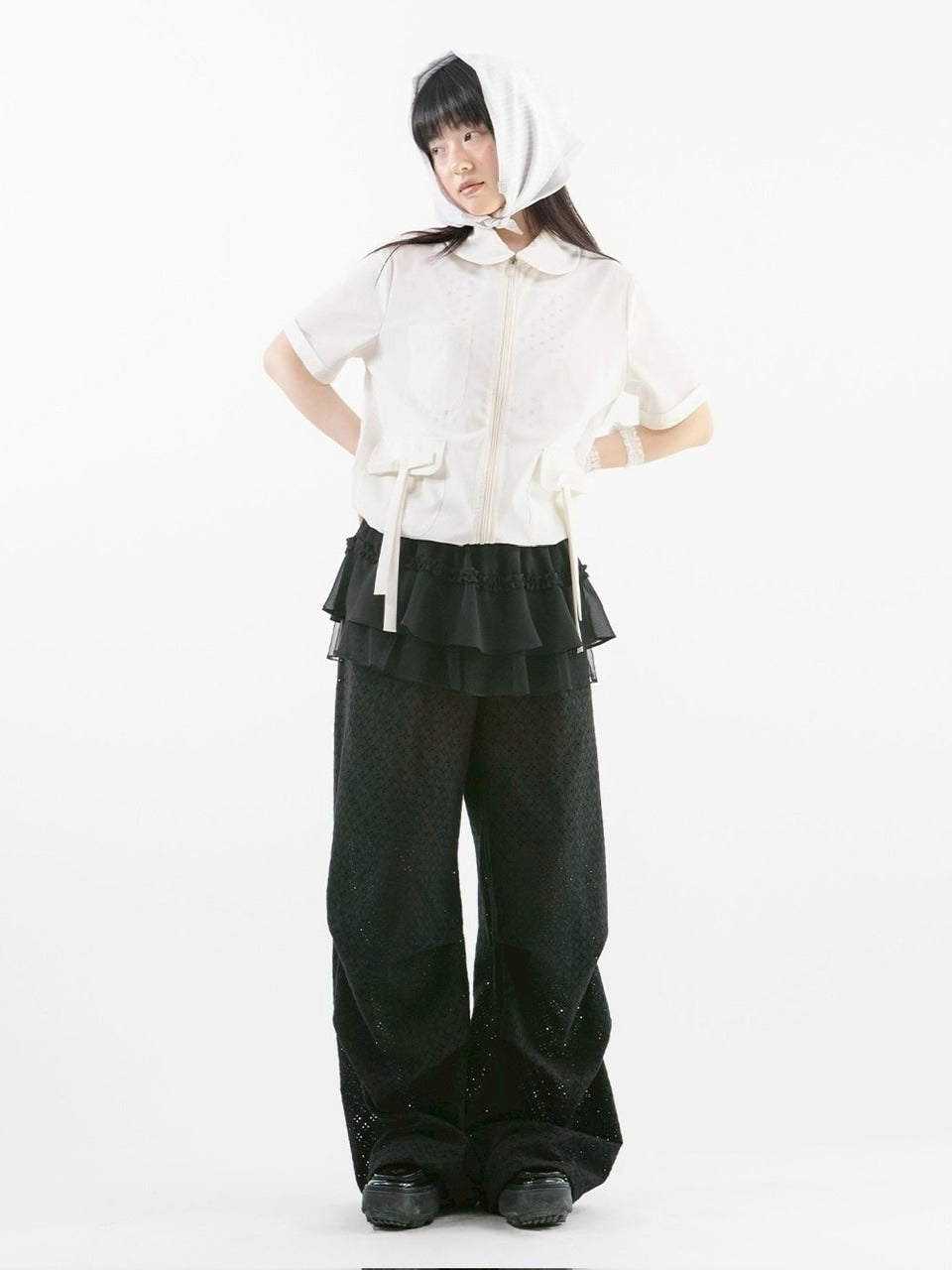 【TUOMIO】ROUND COLLAR NYLON ZIP-UP / 【トゥオミオ】ラウンドカラーナイロン半袖シャツジャケット