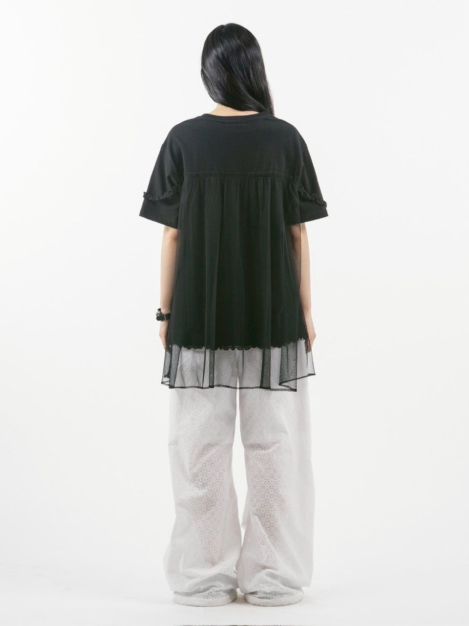 【TUOMIO】MESH LAYERED LACE T-SHIRT / 【トゥオミオ】メッシュレイヤードレース半袖Tシャツ