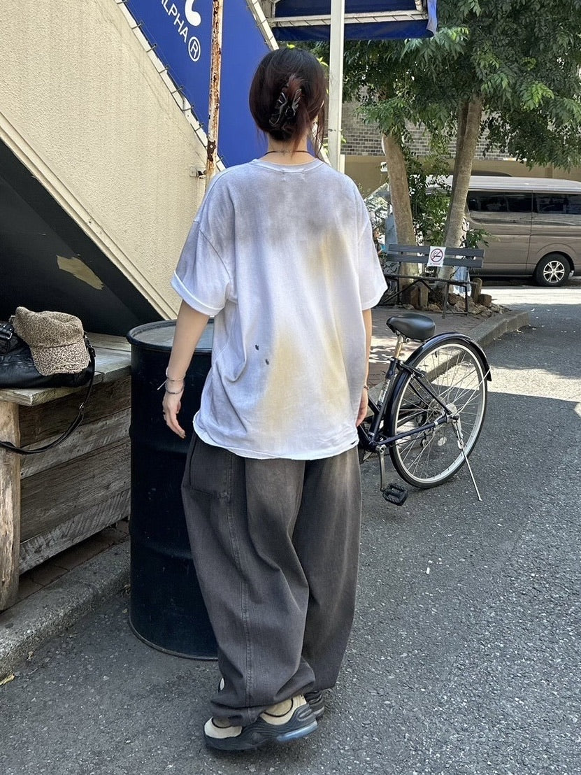 受注制【Chikashitsu +】dirty wash logo half sleeve t-shirt / 【チカシツプラス】ダーティウォッシュロゴ半袖Tシャツ (2color)
