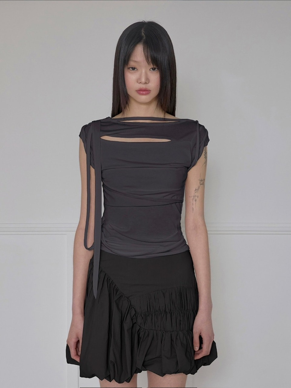 【FLAREUP】Asymmetrical Draped Strap Roll-Up T-Shirt