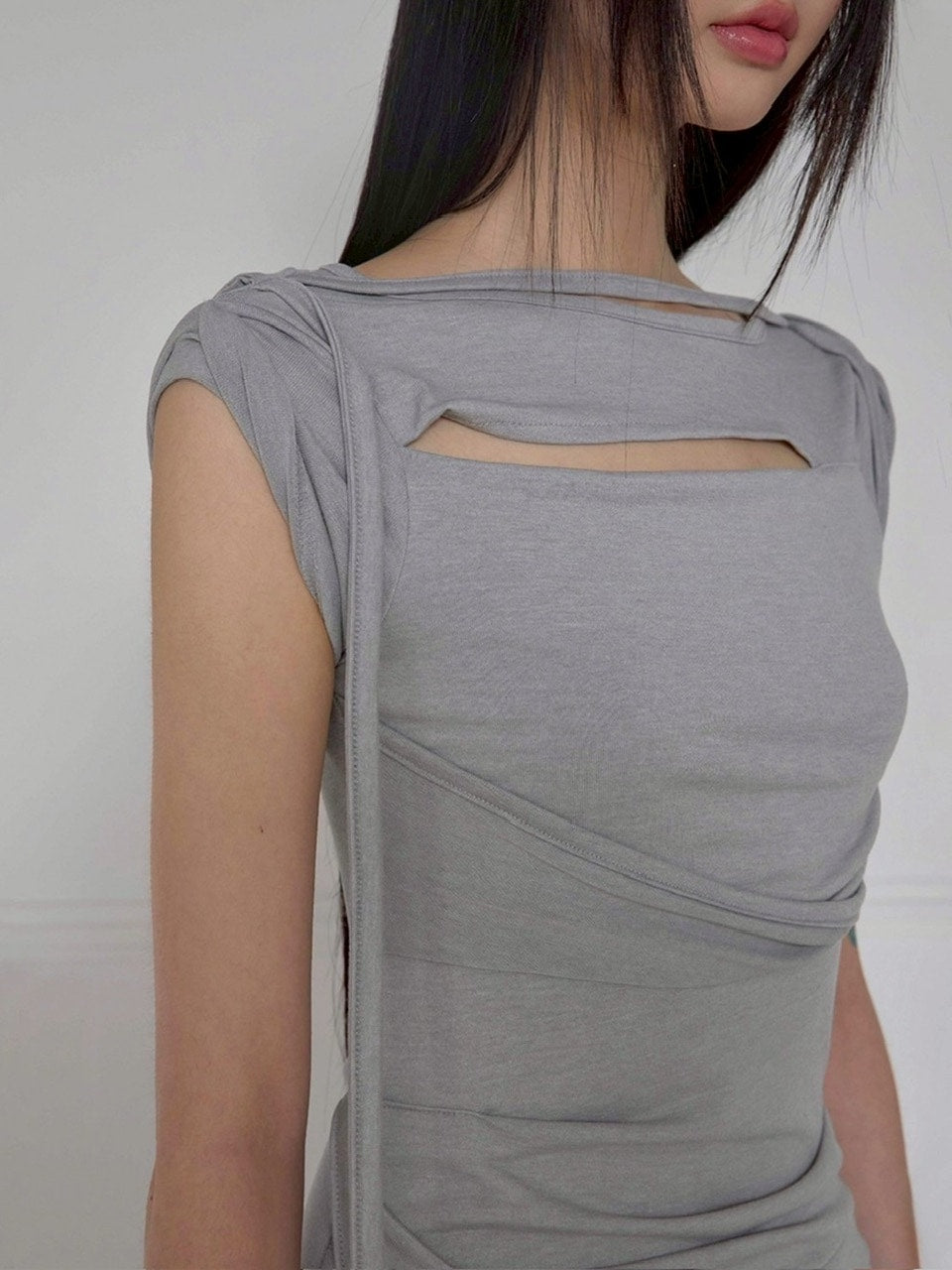 【FLAREUP】Asymmetrical Draped Strap Roll-Up Dress