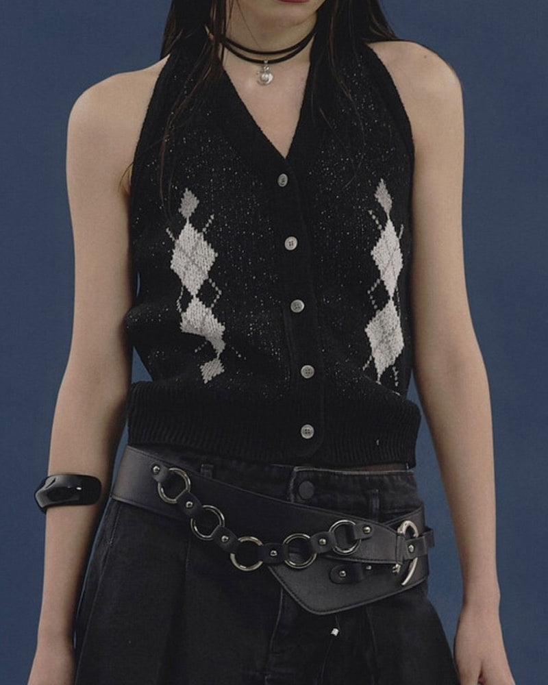 【NOT KNOWING】Argyle Linen Knit Halter Top / 【ノットノーイング】アーガイルリネンニットホルターベスト