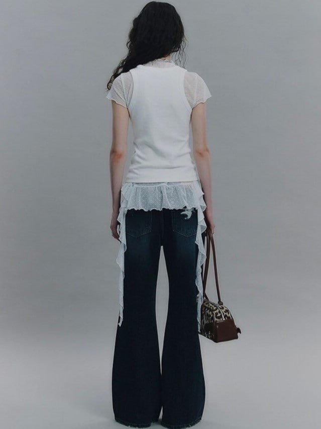 【NOT KNOWING】Dot Mesh Ruffle Top / 【ノットノーイング】ドットメッシュラッフル半袖Tシャツ