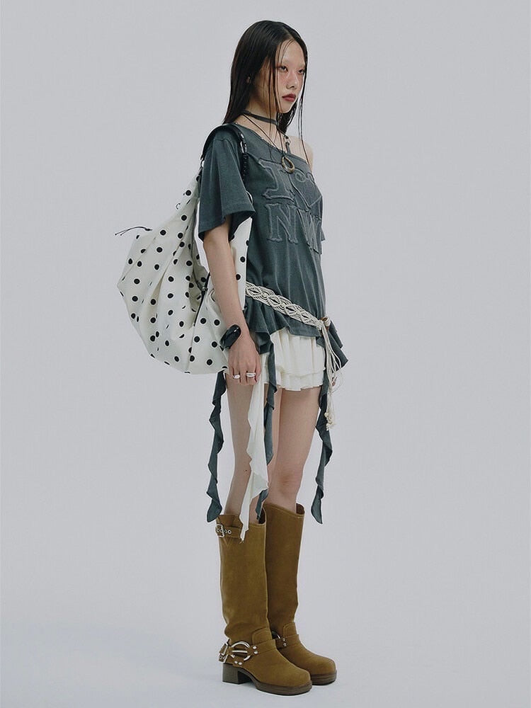 【NOT KNOWING】One Shoulder I LOVE Ruffle Top / 【ノットノーイング】ワンショルダーアイラブラッフル半袖Tシャツ