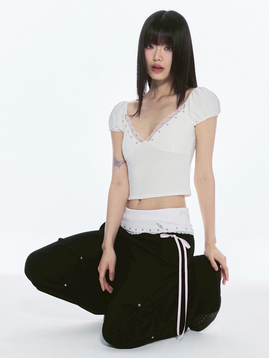 【CHERRYQUIRI】floral lace puff tee