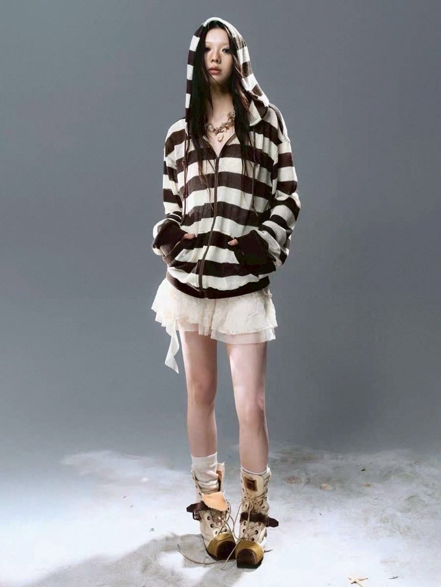 【Cest Nous】Striped Beaded Hoodie / 【セヌー】ボーダーシースルージップパーカー