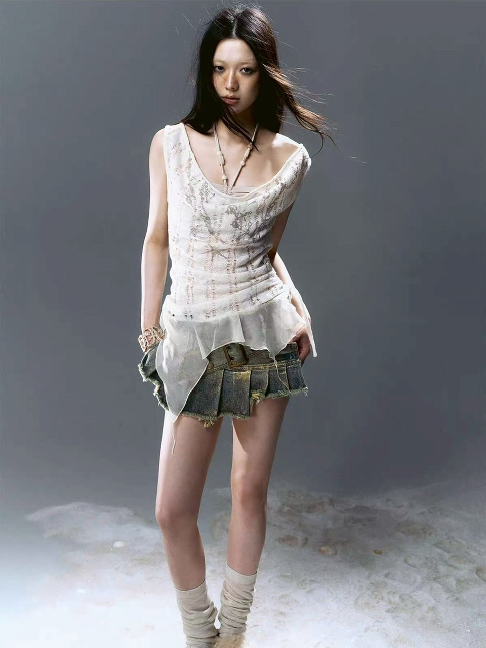 【Cest Nous】Gold-Foil Printed Skort / 【セヌー】ベルトプリーツデニムミニスカートパンツ