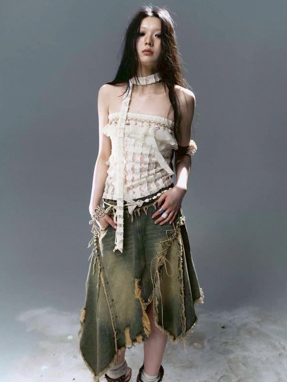 【Cest Nous】Distressed Hem Denim Skirt / 【セヌー】ダメージアシンメトリーデニムスカート