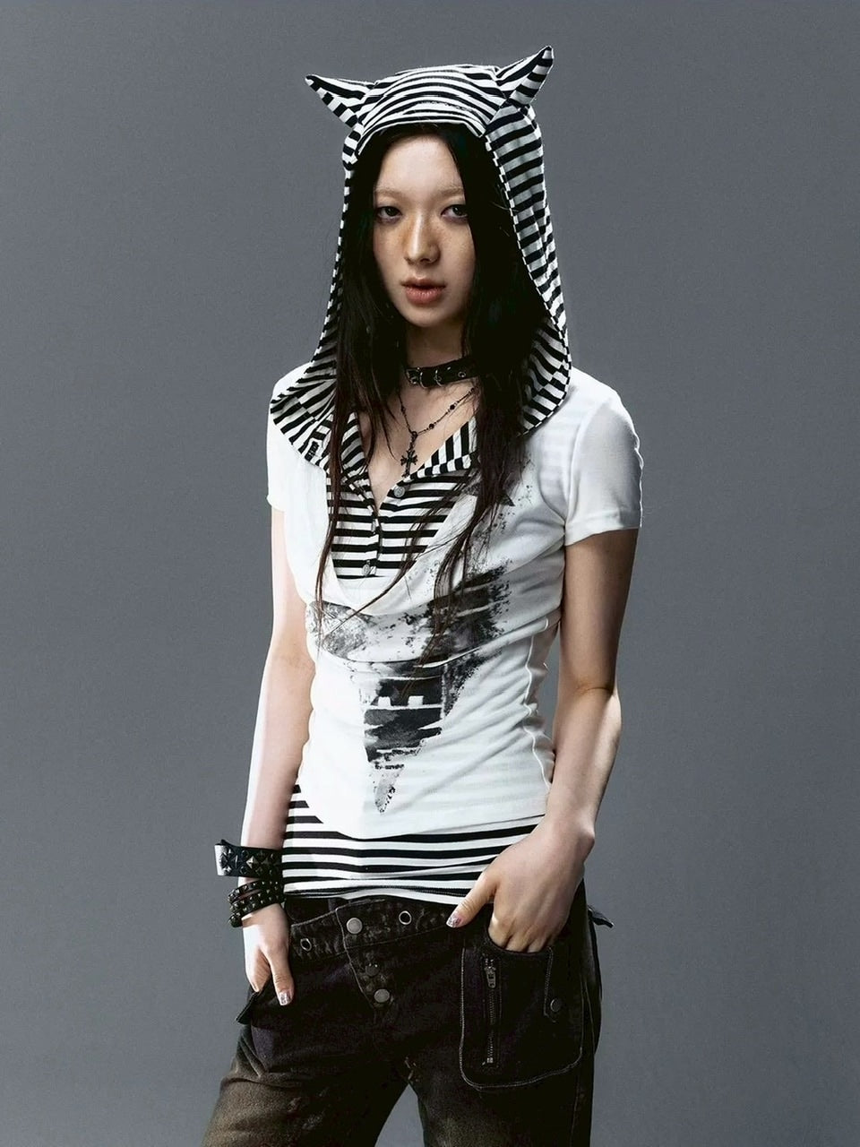 【Cest Nous】Striped Cat-Ear Top / 【セヌー】ボーダーレイヤードキャットイヤー半袖Tシャツ