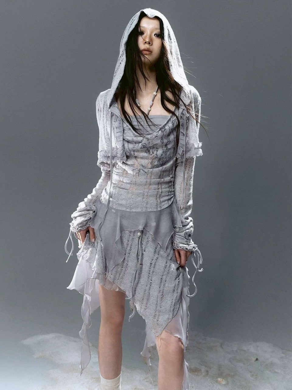 【Cest Nous】Misty Blue Cardigan / 【セヌー】フードフリルシースルーカーディガン