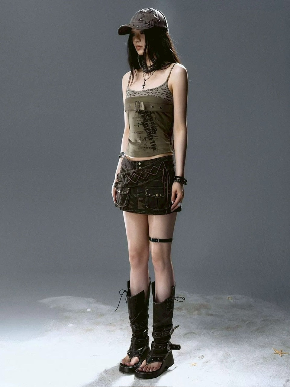 【Cest Nous】Army Green Graffiti Camisole / 【セヌー】グラフィックベルトキャミソール