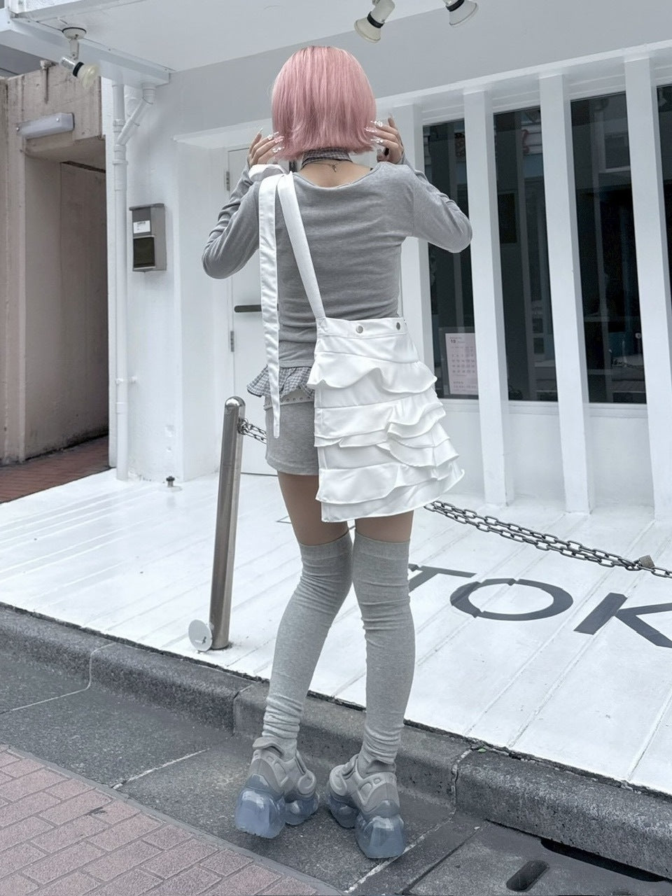 受注制【nmtc +】tie set check lace long sleeve / 【エヌエムティーシープラス】タイ付きチェックレース切り替え長袖Tシャツ (3color)