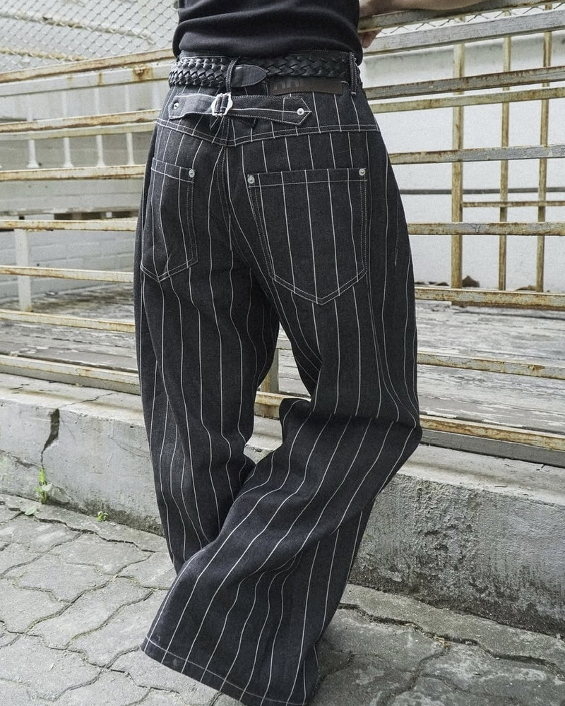 【AAKAM】Striped Cinch Back Denim Pants
