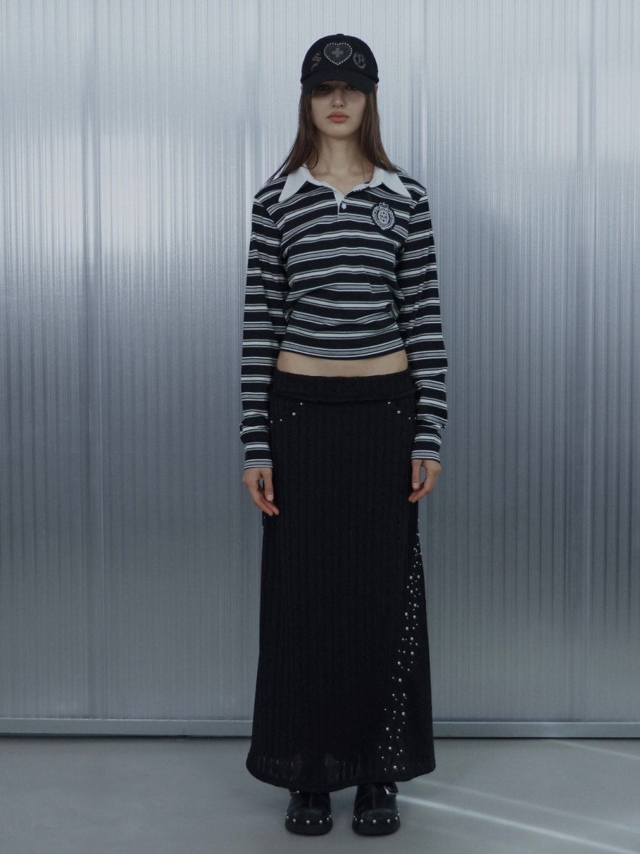 【SETUP‐EXE】STRIPE WAPPEN POLO TOP / 【セットアップエグゼ】ストライプワッペン長袖ポロシャツ