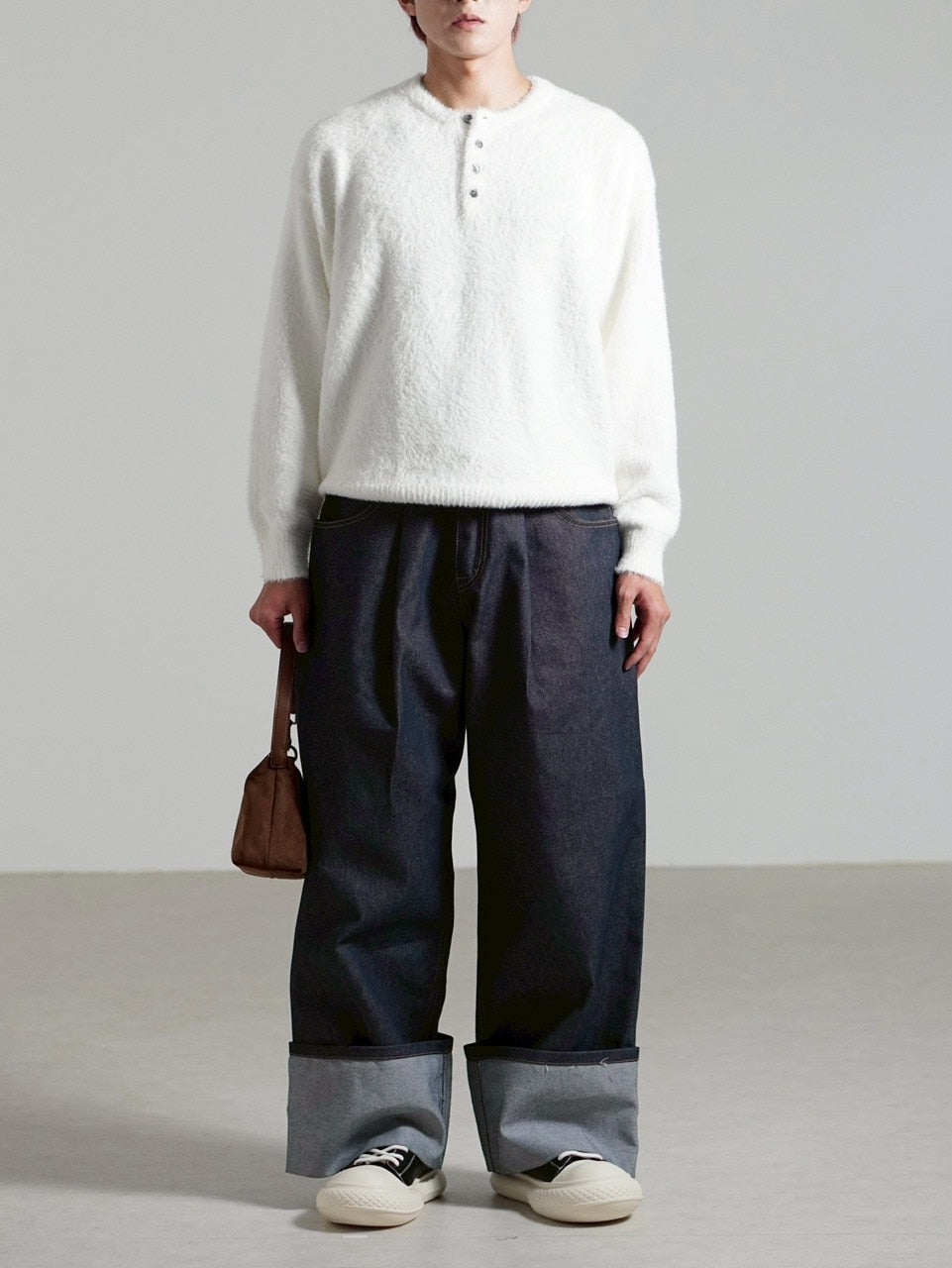 受注制【Chikashitsu +】henry neck hairy knit / 【チカシツプラス】ヘンリーネックヘアリー長袖ニット (5color)