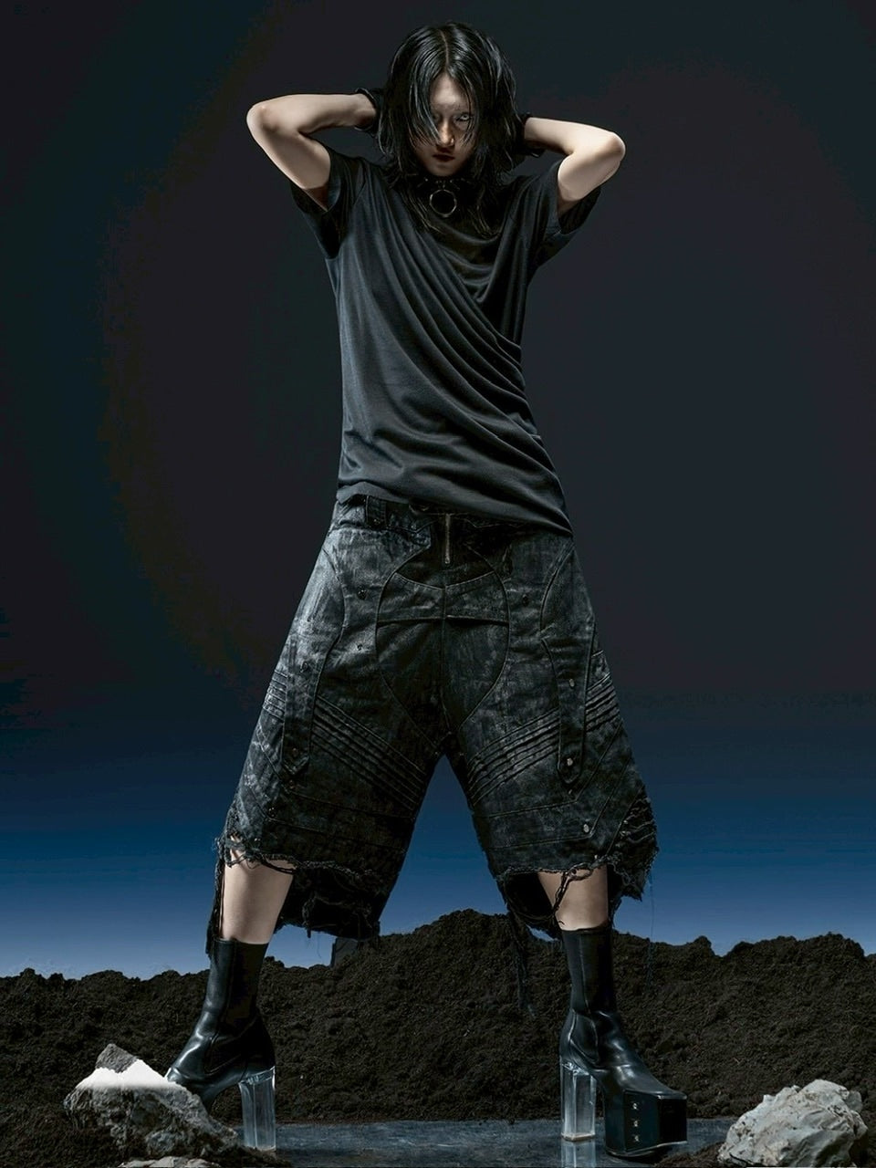 1/2 20:00再販【RICH】Knight Wide Waxed Short Pants/ 【リッチ】デザインデニムダメージハーフパンツ