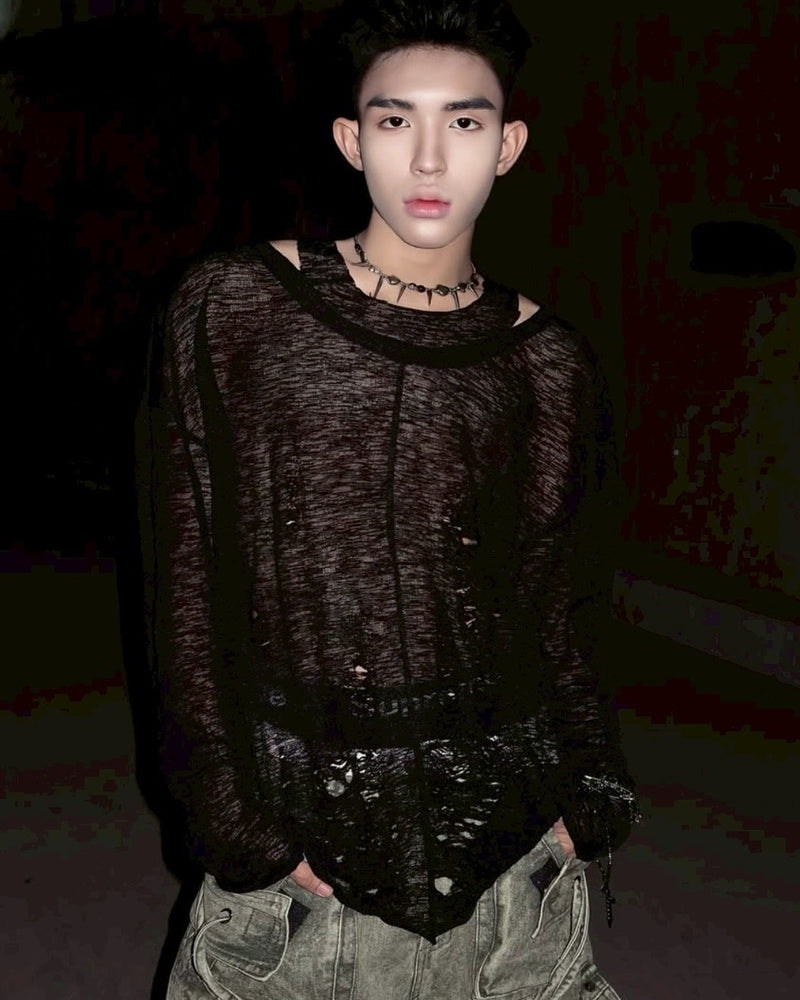 1/2 20:00再販【RICH】Ripped Over Knit Top / 【リッチ】シースルーオーバーサイズ長袖ニット