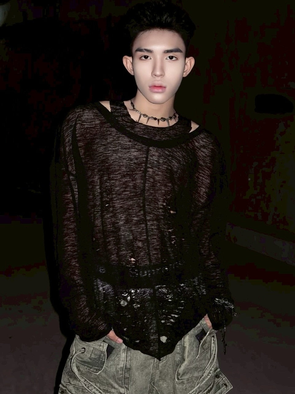 1/2 20:00再販【RICH】Ripped Over Knit Top / 【リッチ】シースルーオーバーサイズ長袖ニット