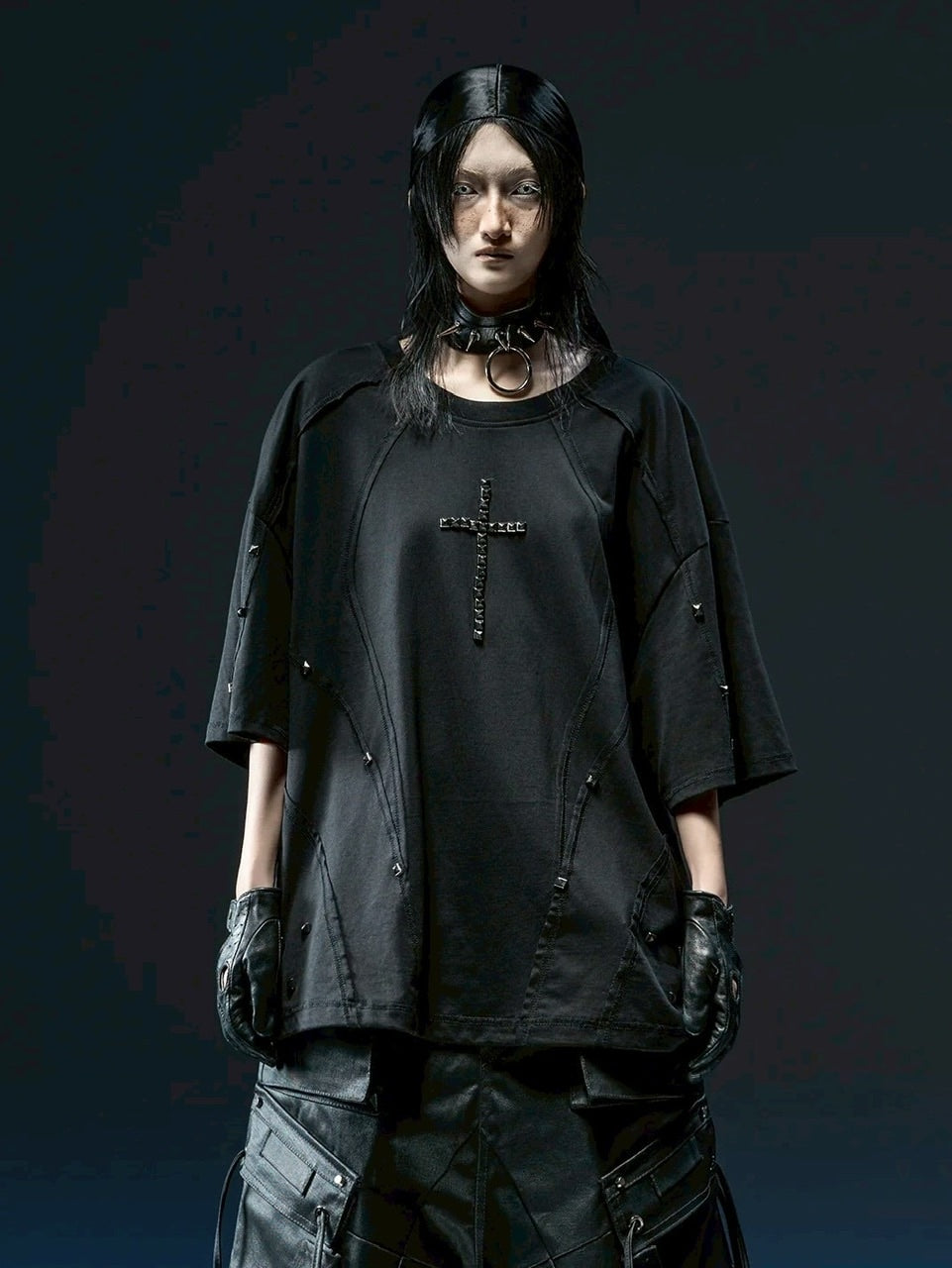 【RICH】Riveted Cross Over T-shirt / 【リッチ】リベットクロスオーバーサイズ半袖Tシャツ