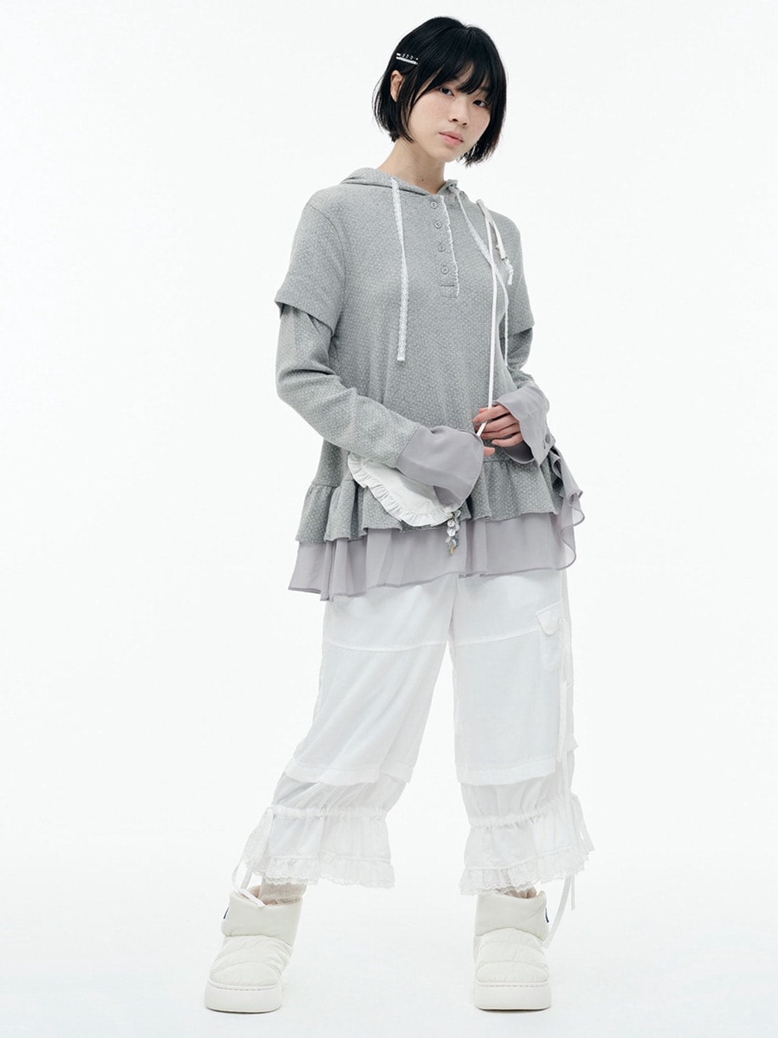 【TUOMIO】FRILL CHIFFON HOODIE / 【トゥオミオ】フリルシフォンフードパーカー