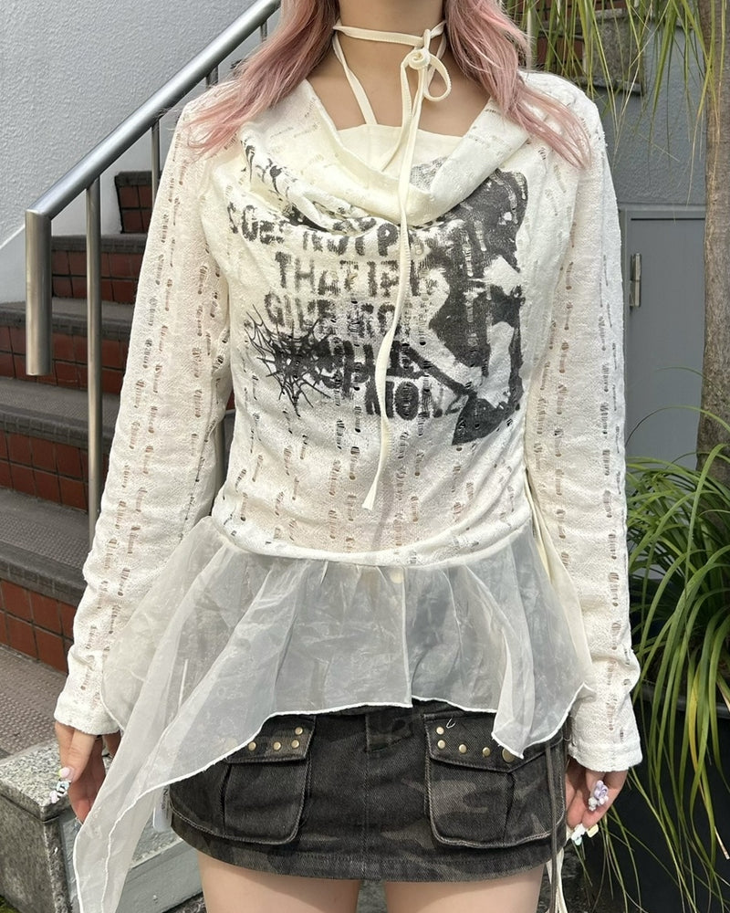 【Never mind the XU】see-through loose tops / 【ネバーマインドザエックスユー】シースルーレイヤードフリル長袖トップス (2color)