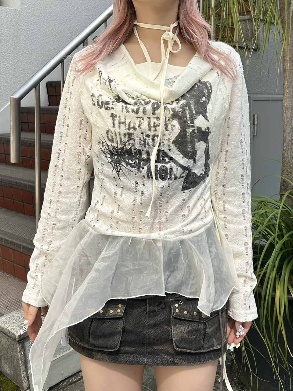 【Never mind the XU】see-through loose tops / 【ネバーマインドザエックスユー】シースルーレイヤードフリル長袖トップス (2color)