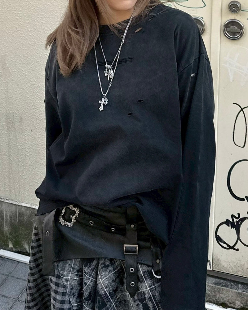 【Never mind the XU】damage washed long sleeve / 【ネバーマインドザエックスユー】ダメージウォッシュ長袖Tシャツ (3color)