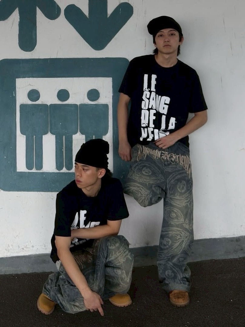 【Thought We Friends】Eyethought 2.0 Distressed Baggy Denims with Embroidery & Studs