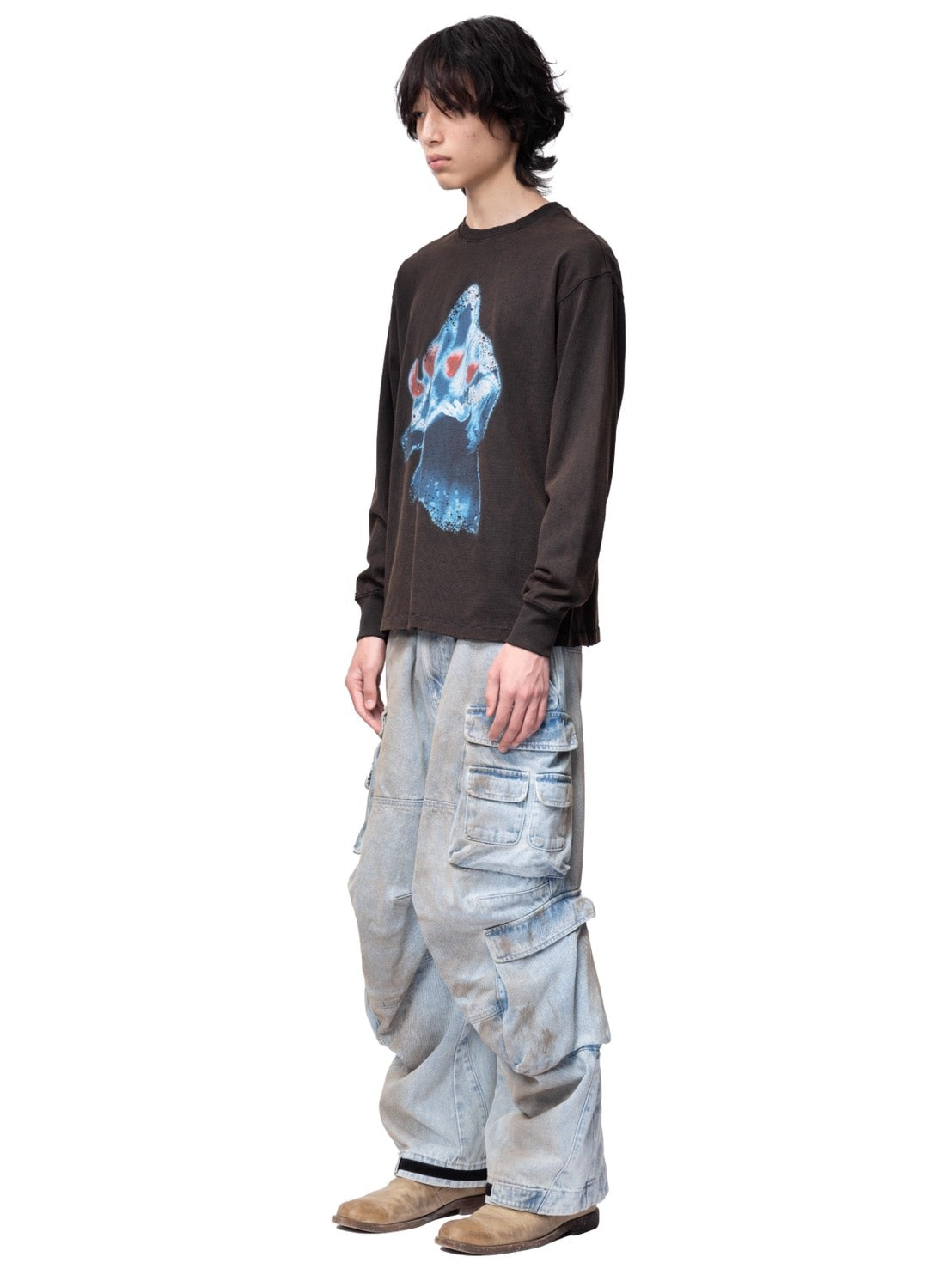 【The Boy Has No Patience】Two-Color Printed Long Sleeves (Washed + Damaged) / 【ザボーイハズノーペーシェンス】グラフィックプリント長袖Tシャツ