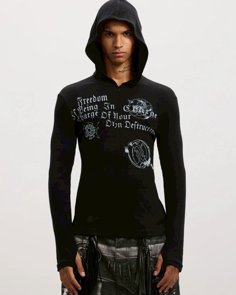【DND4DES】Patchwork Hooded T-shirts /【ディーエヌディーフォーデス】ロゴグラフィックフード長袖Tシャツ