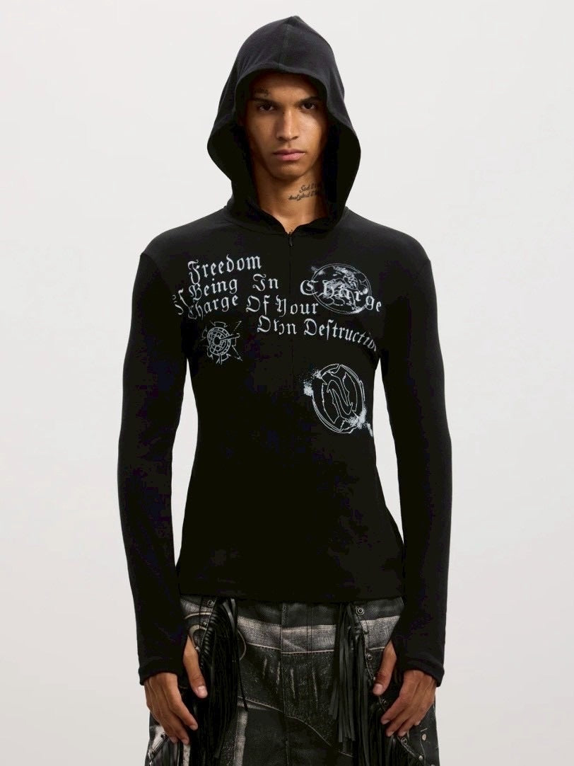 【DND4DES】Patchwork Hooded T-shirts /【ディーエヌディーフォーデス】ロゴグラフィックフード長袖Tシャツ