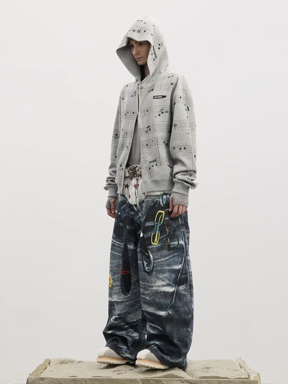 【DND4DES】Double Waist Badge All-Over Print Pants /【ディーエヌディーフォーデス】ダブルウエストプリントデニムパンツ