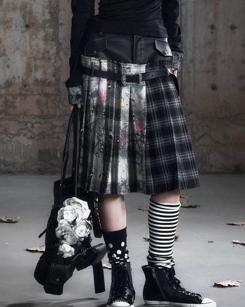 【Cest Nous】Plaid Pleated Skirt / 【セヌー】レイヤードデザインベルトプリーツスカート