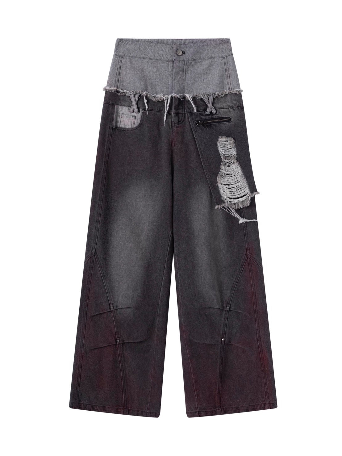 【Cest Nous】Black & Red Wide-Leg Pants / 【セヌー】ダブルウエストダメージデニムパンツ