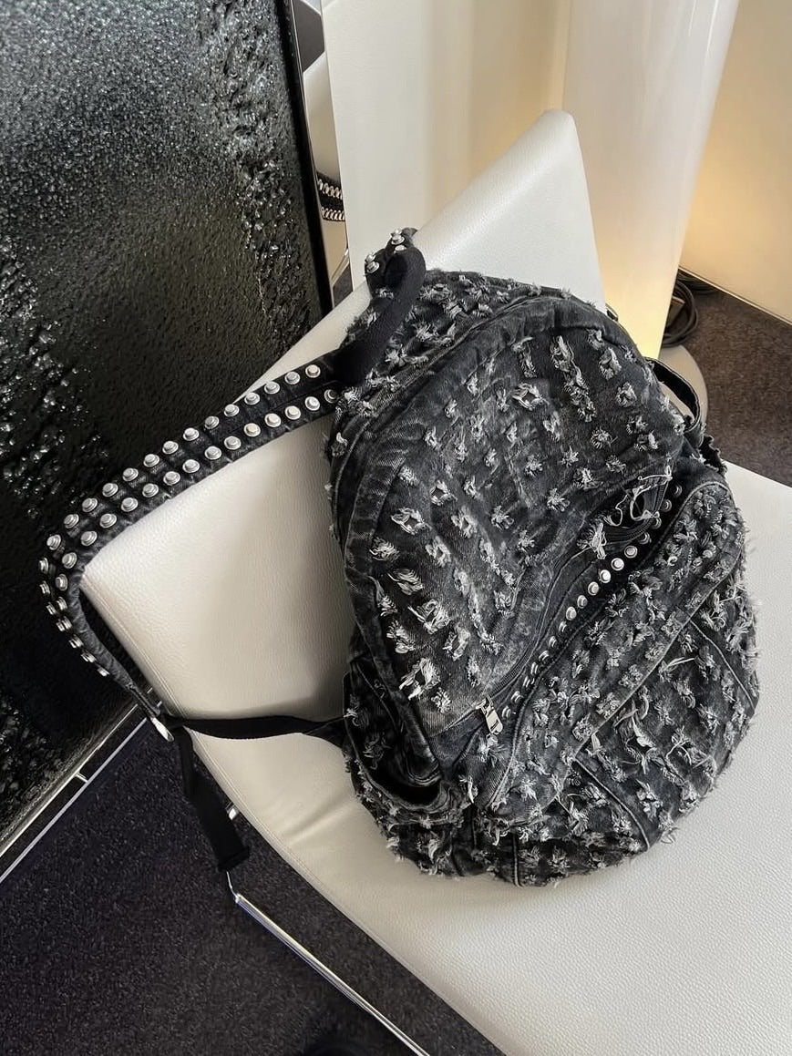 RECKLESSSCHOLARS デニム生地 スタッズ付き リュック Reckless Scholars】CAMMO TRASHED STUDDED BACKPACK – PRESSING WEB SHOP