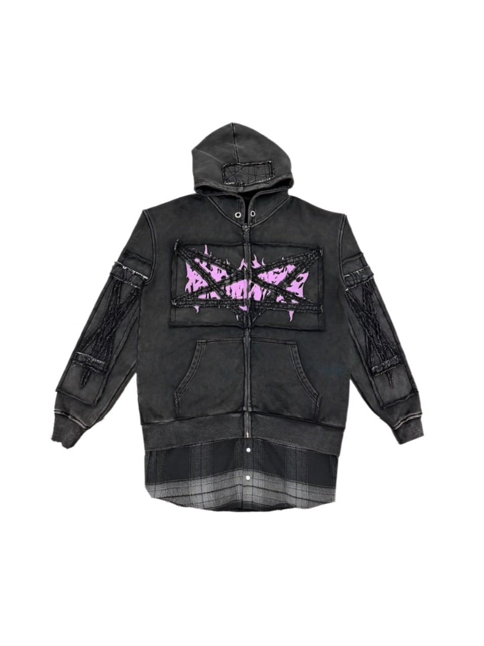 【Reckless Scholars】PENT PATCH FLANNEL HOODIE / 【レックレス スカラーズ】フロントデザインレイヤードウォッシュジップパーカー