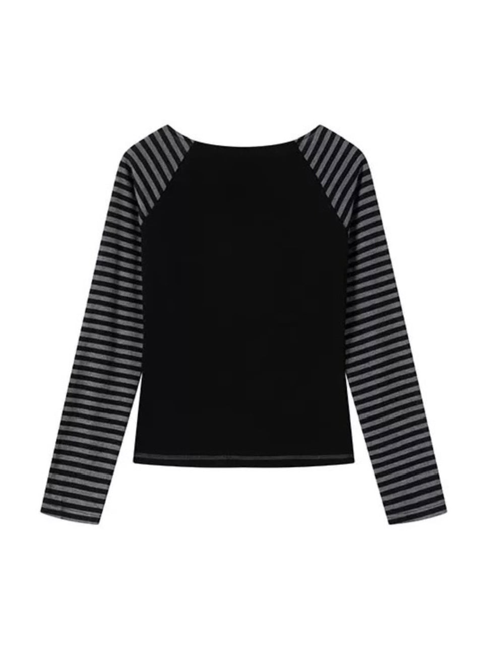 【Cest Nous】Asymmetric henley neck top / 【セヌー】ボーダースリーブ長袖Ｔシャツ