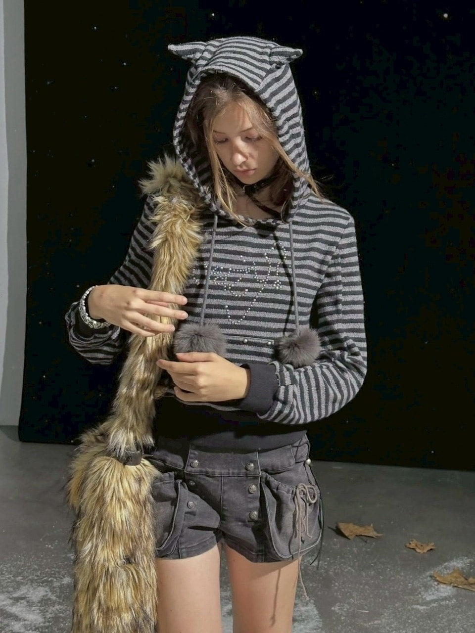 【Cest Nous】Striped cat-ear Striped cat-ear pullover parker / 【セヌー】ボーダーキャットイヤープルオーバーパーカー