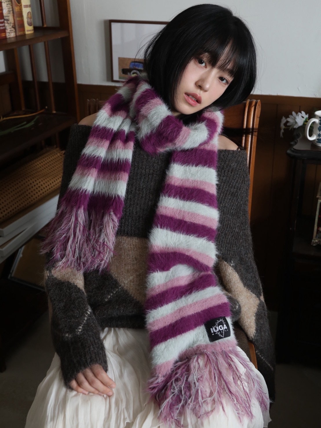 【IUGAMAKARAS】Striped Hairy Bold Muffler