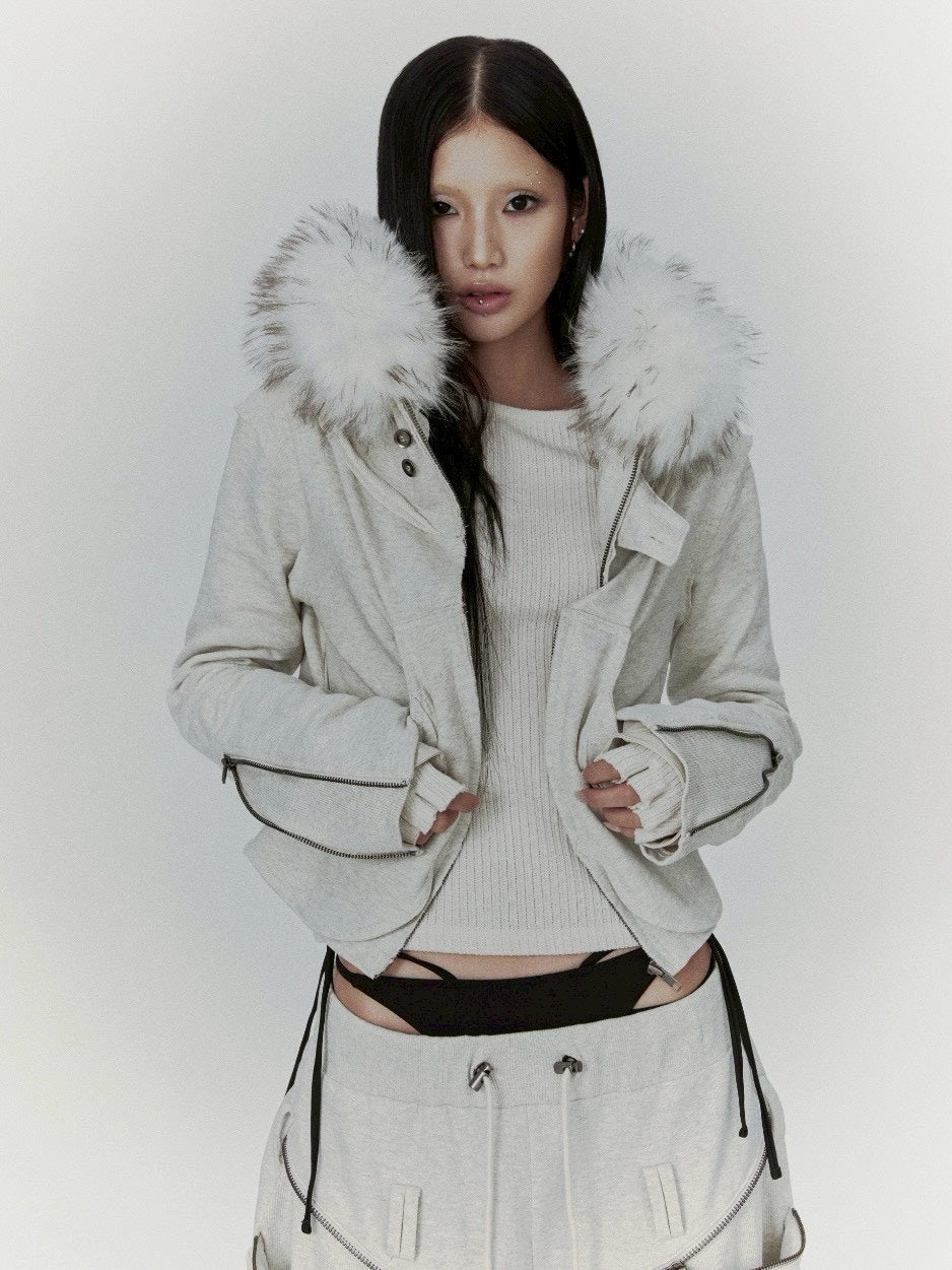 【bonienkiye】Distressed Seam Fur Hood Zip-Up