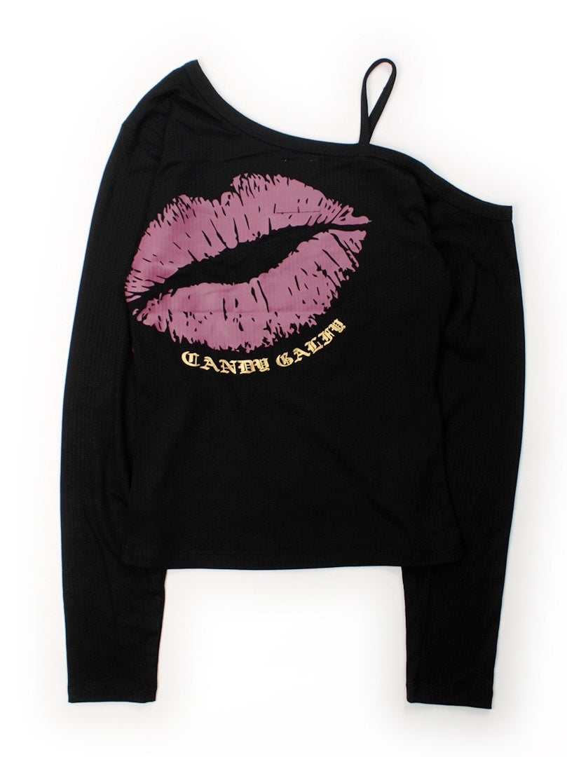 【GALFY】SEXY LIPS TEE / 【ガルフィー】ワンショルダーリッププリント長袖Tシャツ